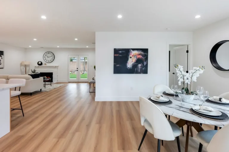 Staged dining room with a round table