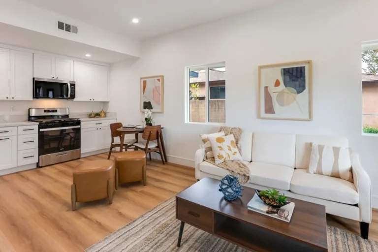Staged living room with a cream sofa